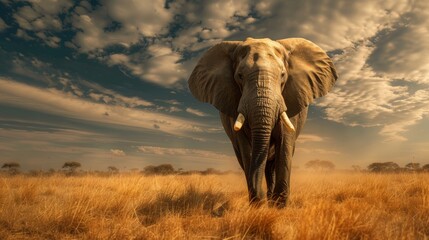 Fototapeta premium Majestic Elephant on African Savannah at Sunset - Symbolizing Endangered Species Conservation and Hope