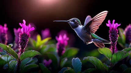 Fototapeta premium A vibrant hummingbird hovering near blooming flowers, showcasing the beauty of nature in motion under soft lighting.