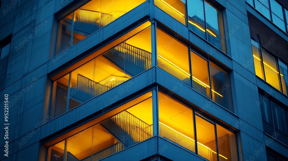 Aufkleber a building with a staircase and windows lit up in yellow the building is tall and has a modern desig