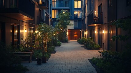 Fototapeta premium Residential buildings in a European city at night Modern blocks of flats Courtyard with vegetation and lighting Rust metal finish corten Underground garage : Generative AI