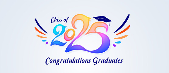 Graduation concept design. Congratulations graduates for the class of 2025. Background is equipped with a hat element as a symbol of graduation. Design congratulates the class of 2025 graduate