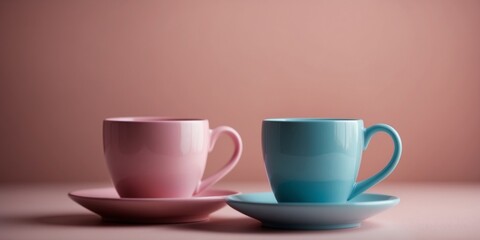 Obraz premium Two Blue Cups of Coffee on a Pink Background with Shadows.