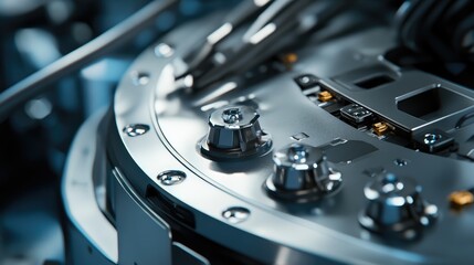 Close-up of a cleaning robotas charging contacts, with focus on the metal plates and connection points.