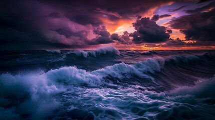 Obraz premium Image of stormy ocean waves beneath a darkening sky as dusk approaches.