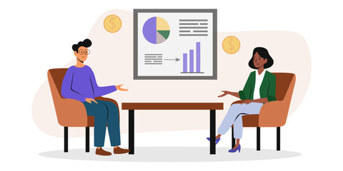 Two business professionals discussing strategy in a modern office environment with graphs