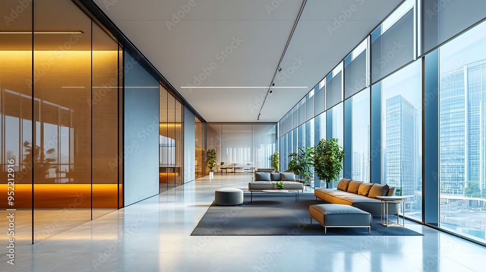 Poster Interior of modern empty office buildingOpen ceiling designThere are floortoceiling Windows and comfortable sofas : Generative AI