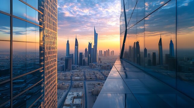 Horizontal view on the skyscrapers in downtown Riyadh Financial District : Generative AI