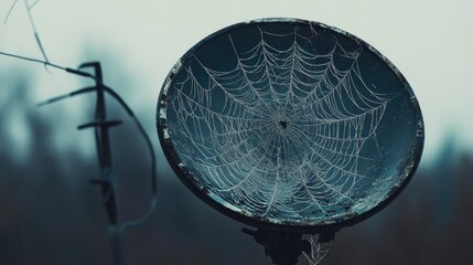 Close-up of a satellite dish with a spider web on it, focusing on the delicate web against the metal surface.
