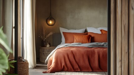 A view through an open door into a bedroom interior with rust color linen and cushions on a bed grey blanket rattan bedside table and metal wall light : Generative AI