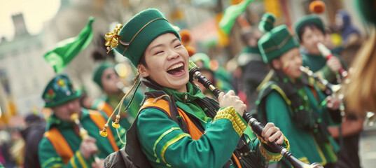Joyful St. Patrick's Day Parade with People Dressed in Green Playing Bagpipes Celebrating Irish Culture