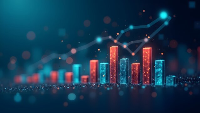 A glowing bar chart with a line graph representing data visualization and growth trends