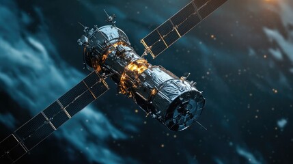 Close-up of a satellite with focus on its signal transceiver, highlighting the complex components.