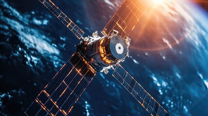 Close-up of a satellite with focus on its data transmission components, capturing the precision of the electronics.