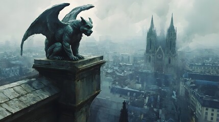 Ominous Gargoyle Statue Overlooking Gothic City Skyline