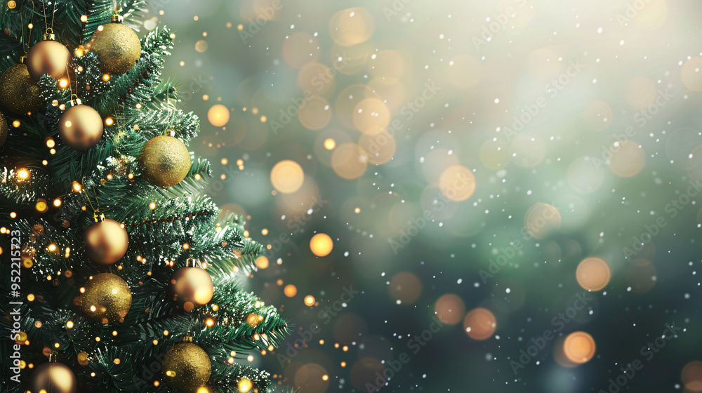 Aufkleber christmas tree with golden ornaments sparkling on a blurred background with lights and falling snow