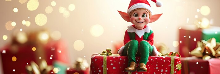 Cheerful elf sitting on a big present with a mischievous grin
