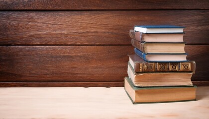 old textbook different size stack on the table for study with brown wooden wall with copy space