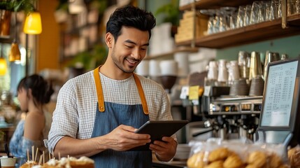 Young barista cafe owner multiracial male holding tablet taking coffee and bakery orders from female Asian customer creamcolored shirt front of cash register counter of small cafe smal : Generative AI