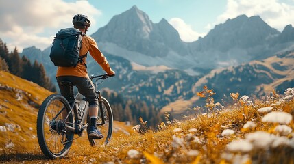 Fototapeta premium Cyclist man riding electric bike outdoors on sunny day Male tourist resting on grassy hill enjoying beautiful mountain landscape wearing helmet and backpack Concept of active leisure : Generative AI