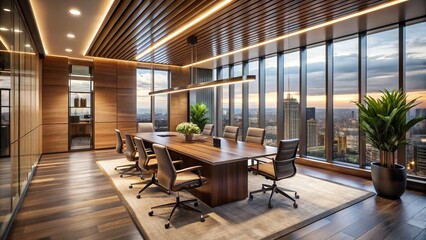Fototapeta premium Crafted wood panels contrast with sleek glass surfaces in a modern London office, bathed in natural light pouring through floor-to-ceiling windows, exuding sophistication.