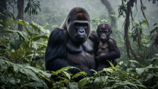 Gorilla  adulto nella foresta pluviale dell'Africa assieme ad un cucciolo