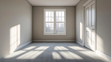 a empty bedroom with carpet and a window and bright walls great for virtual staging interior design : Generative AI