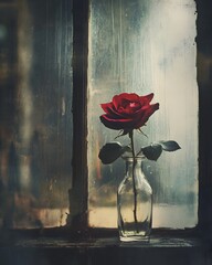 Moody Red Rose in Glass Vase on Weathered Wooden Window Sill