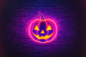 Glowing pumpkin halloween neon sign.