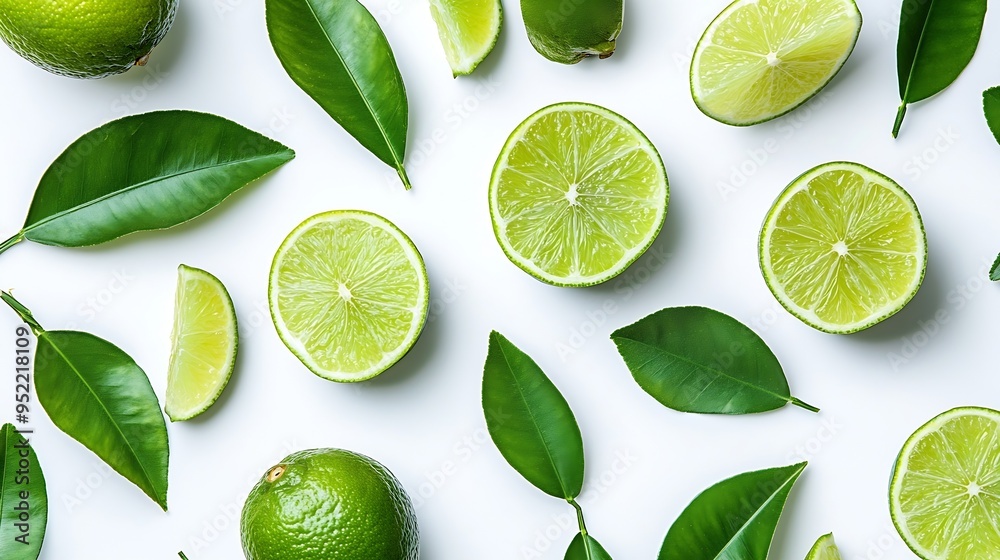 Aufkleber lime fruits with slices and green leaves isolated on white background top view flat lay : generative