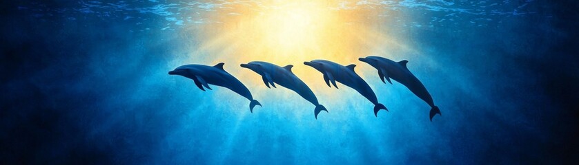 Fototapeta premium A serene underwater scene featuring a group of dolphins swimming gracefully in sunlight beams.