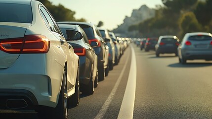 Back tail view of many cars stuck in row at highway road traffic jam warm hot sunny day at southern Europe Automobile accident vehicle rush hour collapse Transportation vacation season : Generative AI