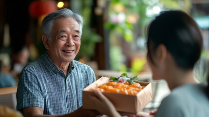 Asian man surprised elderly father with Birthday gift at outdoor cafe restaurant on summer holiday vacation Family relationship celebrating fathers day and senior people health care co : Generative AI