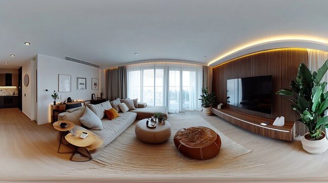 Full spherical seamless hdri 360 panorama in interior of stylish living room or kids room in apartment  in equirectangular projection VR content : Generative AI