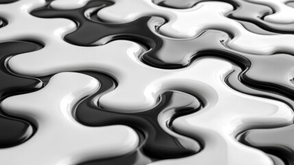 The artwork has glossy black and white forms intertwined, creating a mesmerizing sense of movement and balance