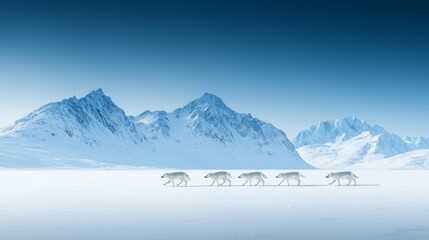 Obraz premium A serene winter landscape featuring polar bears walking across a snowy terrain with majestic mountains in the background.