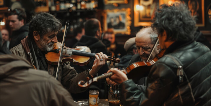 Traditional Irish Music Session in Pub - Musicians Playing Fiddles and Bodhr?ns - Cultural Celebration