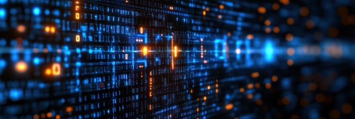 Obraz premium A mesmerizing array of glowing binary codes pulses through an electric blue and orange digital environment