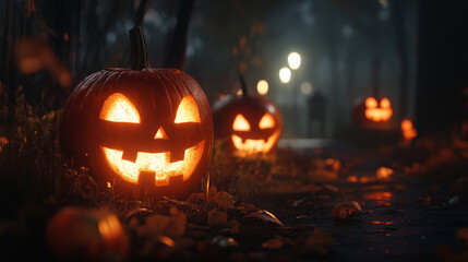 Obraz premium Jack-o'-Lanterns Glowing Eerily on Spooky Halloween Night 