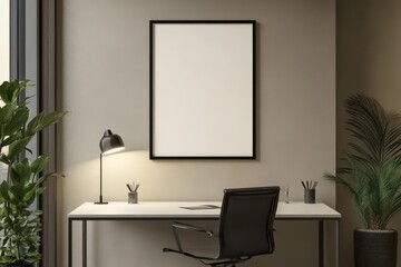 A minimalist workspace featuring a desk, chair, lamp, and plants against a neutral wall.