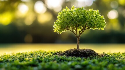 A young tree surrounded by rich green grass shines brightly in the gentle morning light