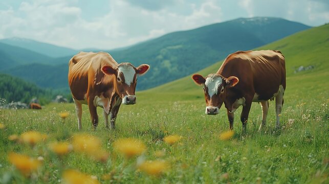 Two brown color cows graze on green grass free of pesticides in mountain meadow on sunny day in Carpathian Mountains Paltinis Romania : Generative AI
