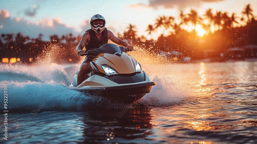 Wall mural a person enjoys a high-speed jet ski adventure as the sun sets behind lush palms, creating a dramati