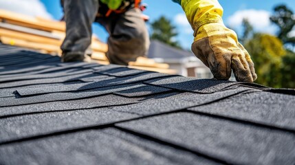 Worker Installing Asphalt Shingles on New Home Roof Under Construction