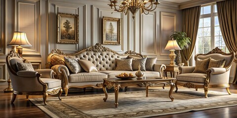 Elegant bespoke furniture setting radiates opulence and refinement, featuring precise composition, subtle depth of field, and meticulous lighting, with creamy whites and warm golden hues prevailing.