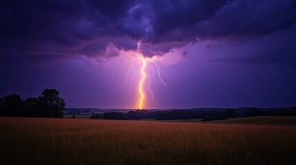 A stunning lightning strike illuminates the darkening sky, casting bright reflections across a tranquil landscape