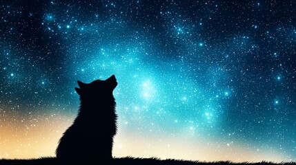 A silhouette of a dog gazes at a starry night sky, capturing the beauty and mystery of the universe.