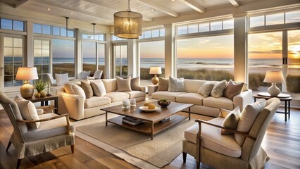Elegant coastal abode combines weathered wood, plush velvets, and crisp white lines against a serene dunescape at golden hour, highlighting soft light and rich hues.