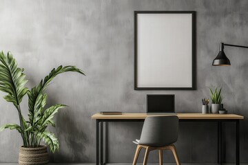 A minimalist workspace featuring a desk, chair, laptop, and a plant against a textured wall.
