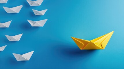 One yellow paper boat stands out from a row of white paper boats against a blue background.