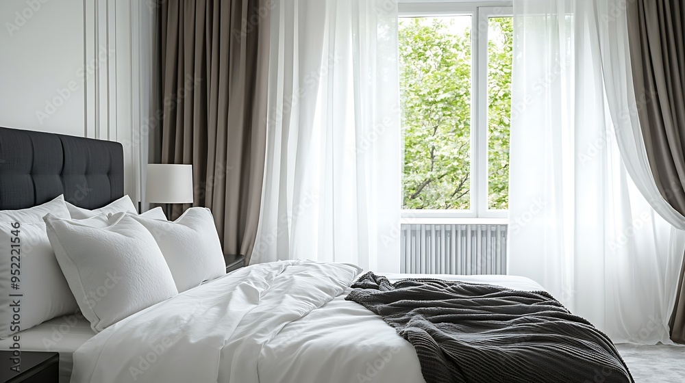 Poster a double bedroom with a large bed without a duvet with cantilever bedside tables a black and white h